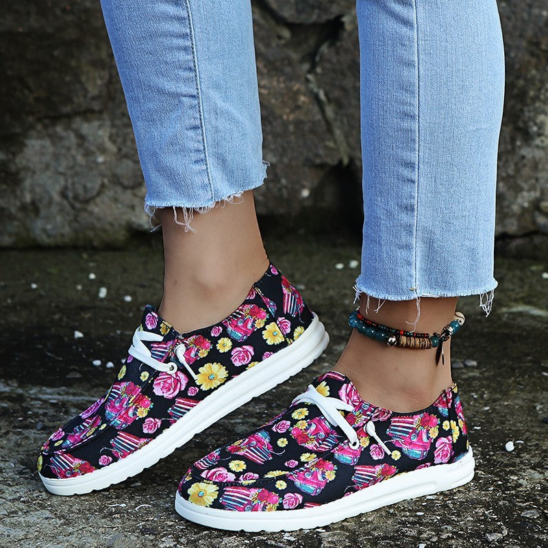 Loafers Women Sunflower Print Flats Casual Canvas Shoes Non-lace Lazy Shoes