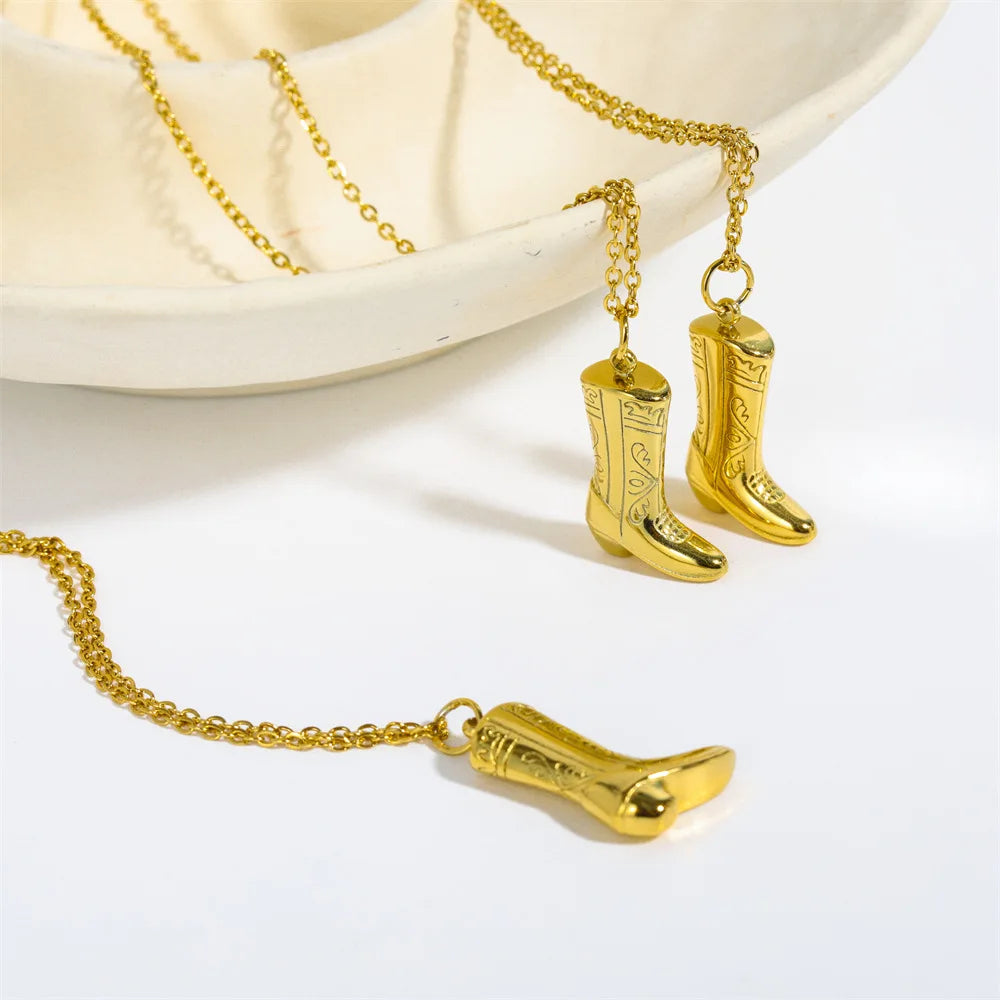 Vintage COWBOY BOOT Western Cowboy Boots Necklace Gold Plated Stainless Steel Pendant Necklace Lucky Jewelry Christmas Gift