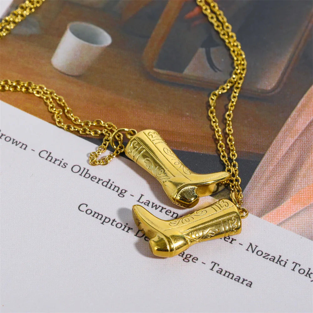 Vintage COWBOY BOOT Western Cowboy Boots Necklace Gold Plated Stainless Steel Pendant Necklace Lucky Jewelry Christmas Gift